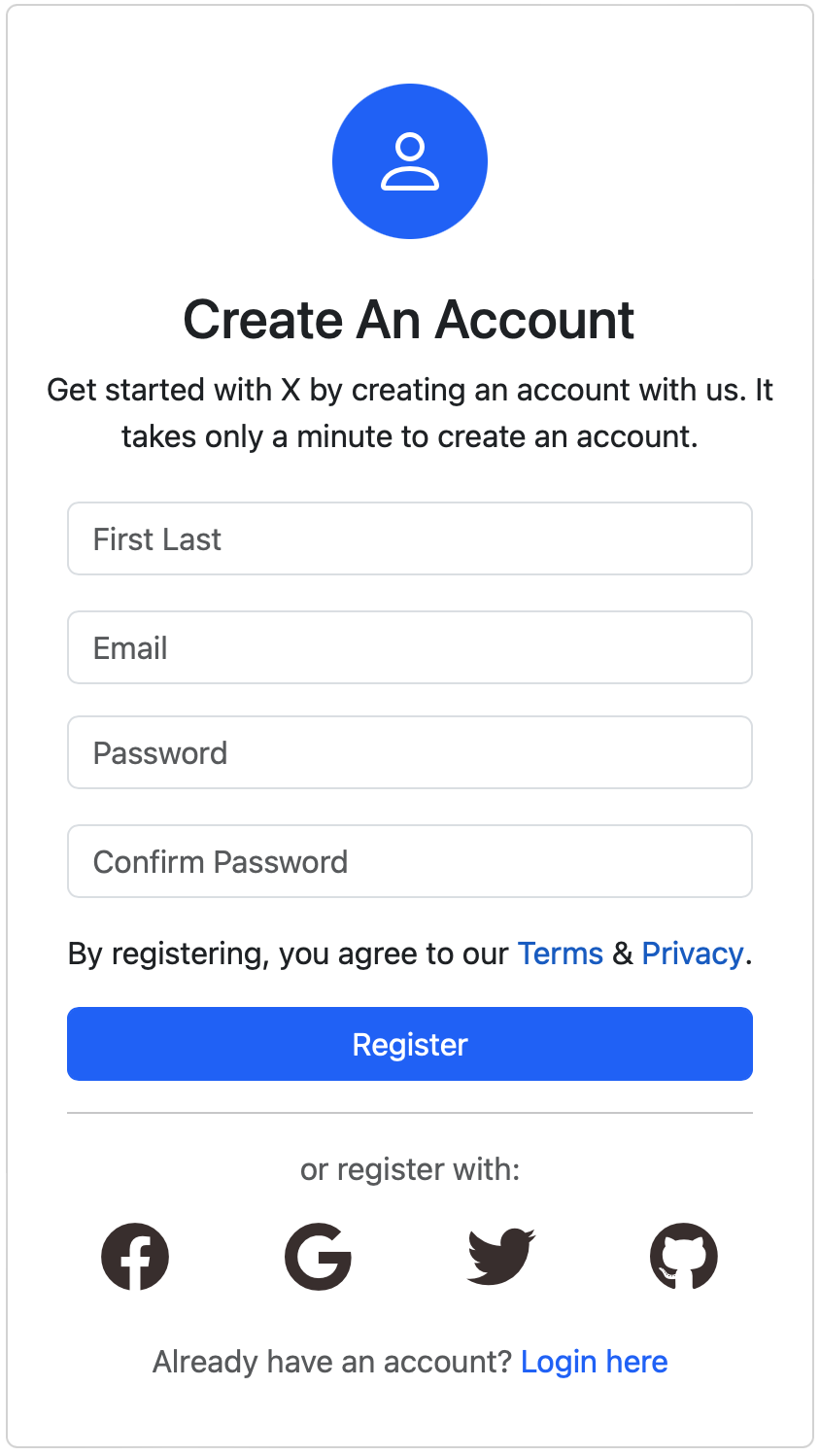 Bootstrap register form with social login icons